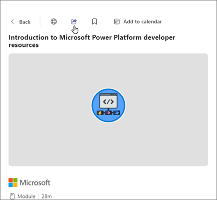 Screenshot of Viva Learning highlighting the Share button along the top of a piece of content, in the upper left side near the Back button.