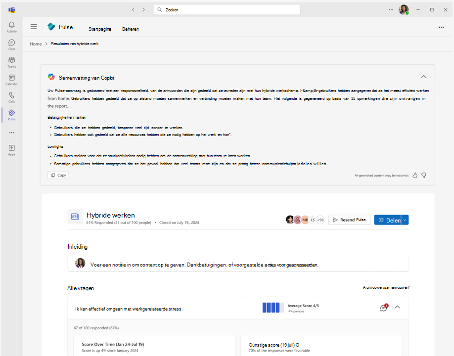 Schermopname van een Pulse-rapport met de samenvatting die is gegenereerd met Behulp van Copilot