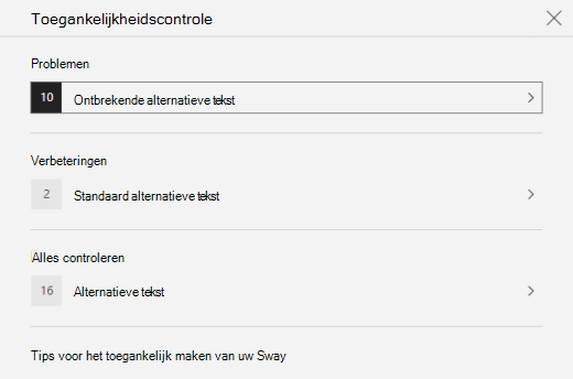 Het deelvenster Toegankelijkheidscontrole toont problemen met alternatieve tekst in Sway.