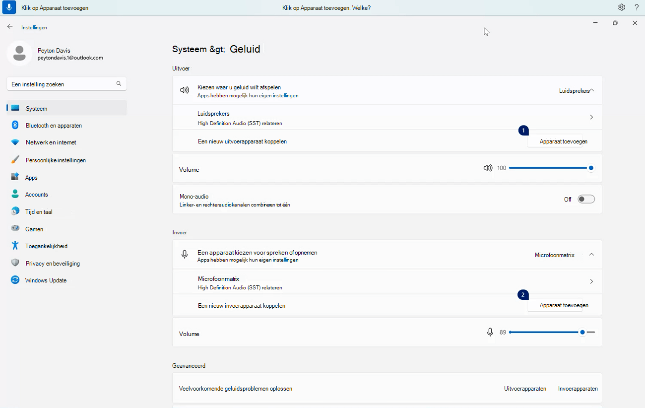 Een voorbeeld van een spraaktoegangsopdracht voor het beheren van meerdere overeenkomsten met de opdracht spraaktoegang Klik op apparaat toevoegen in de Instellingen voor Windows-geluid.