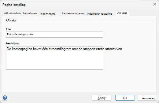 Het dialoogvenster Alternatieve tekst voor een pagina in Visio voor Windows.