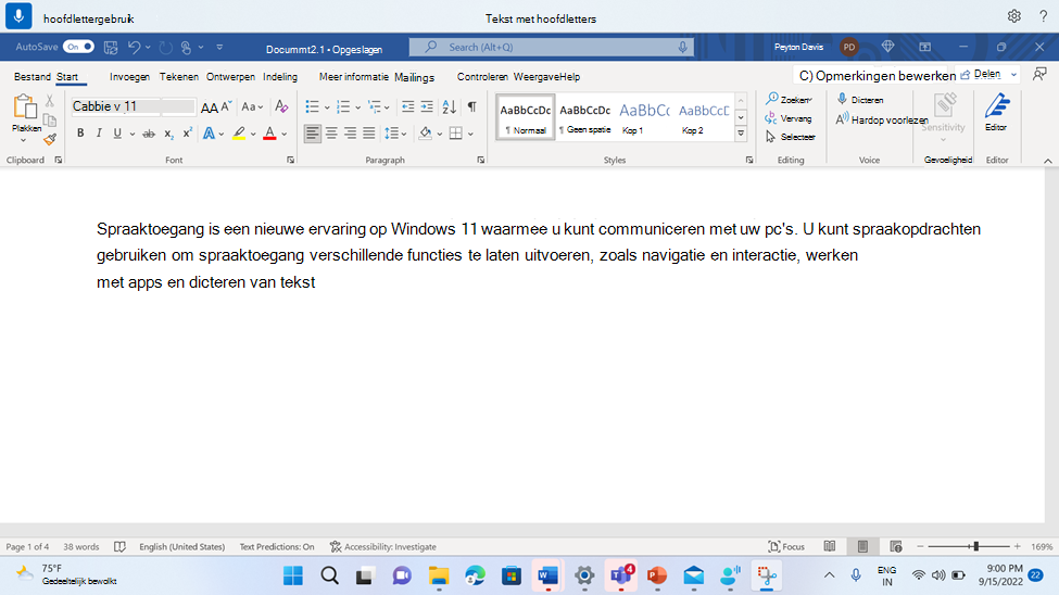 Word document met de opdracht Spraaktoegang in hoofdletters.