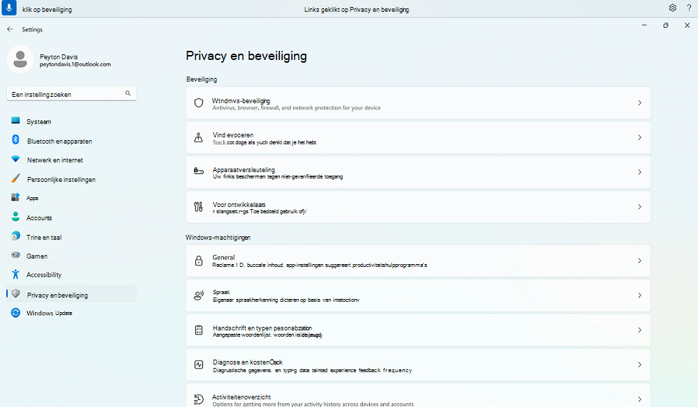 Een voorbeeld van een spraaktoegangsopdracht om gedeeltelijke overeenkomsten te vinden, toont de spraaktoegangsopdracht Klik op beveiliging in de Instellingen voor Privacy en beveiliging van Windows.