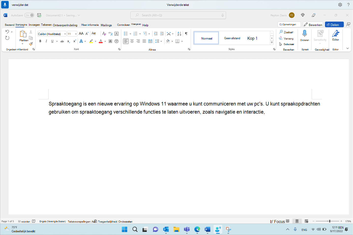 Word document met de opdracht Voor spraaktoegang verwijderen.