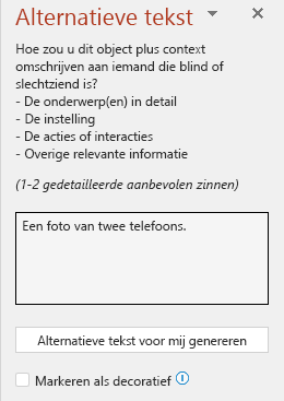 Het deelvenster alternatieve tekst met een voorbeeld van een ongeldige alternatieve tekst.