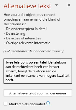 Het deelvenster alternatieve tekst met een voorbeeld van een goede alternatieve tekst.