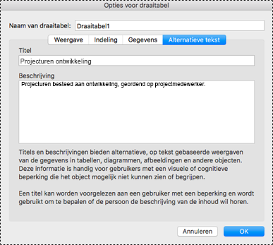 Dialoogvenster alternatieve tekst voor een Excel-draaitabel.