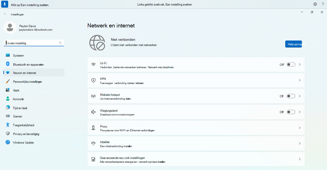 De opdracht voor spraaktoegang Klik op een instelling zoeken die wordt gebruikt in de windows-netwerkinstellingen & internetinstellingen.