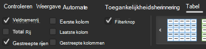 Selectievakje Veldnamenrij ingeschakeld in de groep Tabelstijlen in Excel voor Mac