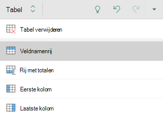 Optie veldnamenrij geselecteerd voor een tabel in Excel voor Android