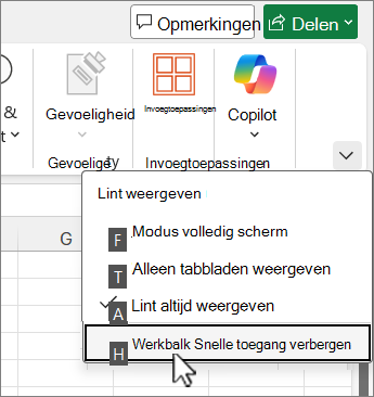 Toetsenbordopdracht om de werkbalk Snelle toegang te verbergen