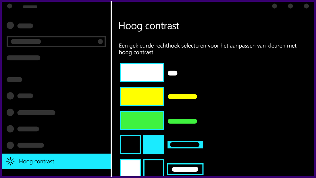 Een illustratie van hoe de instellingen voor hoog contrast eruitzien in Windows 10.
