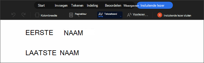 schermopname van insluitende lezer met tekstafstand geselecteerd. de ruimte tussen elke letter tekst wordt uitgevouwen