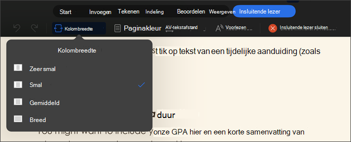 schermopname van insluitende lezer met kolombreedte geselecteerd, opties zijn zeer smal, smal, gemiddeld, breed