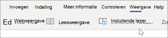 Schermopname van de bovenste navigatie van Word Online, de weergave is geselecteerd en de cursor beweegt over de insluitende lezer