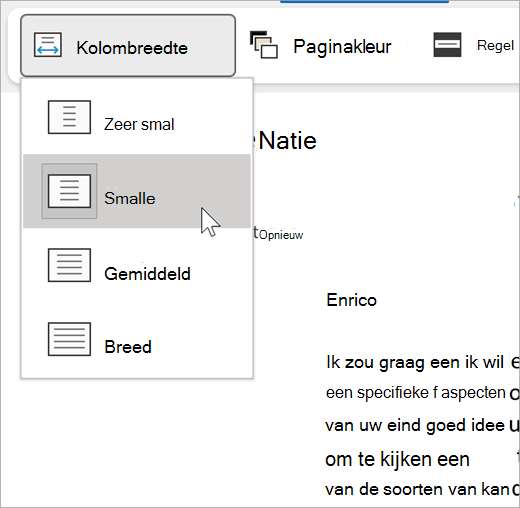 schermopname van de vervolgkeuzelijst kolombreedte voor insluitende lezer, opties zijn zeer smal, smal, gemiddeld, breed