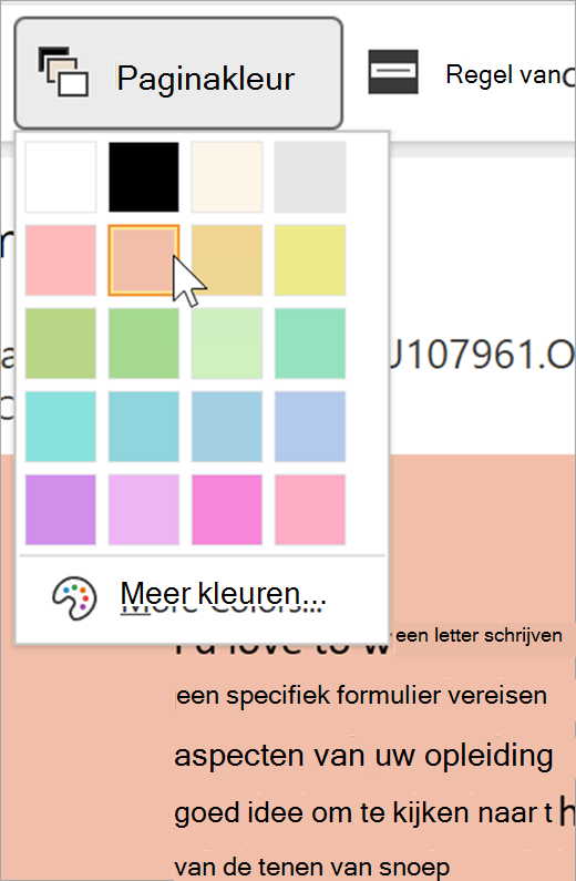 schermopname van het vervolgkeuzemenu paginakleur voor insluitende lezer. Er wordt een kleurenpalet weergegeven en de achtergrond achter de vervolgkeuzelijst is pasteloranje