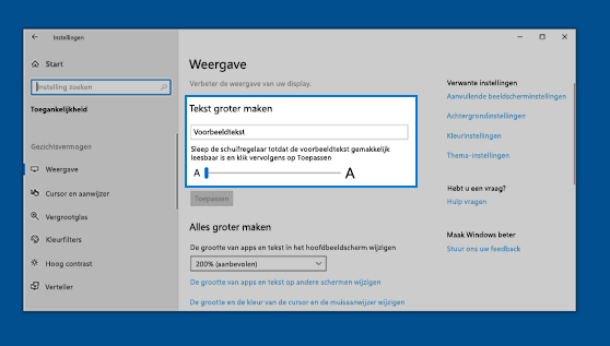 Als u alles groter wilt maken, inclusief afbeeldingen en apps, kiest u een optie in de vervolgkeuzelijst onder Alles groter maken.
