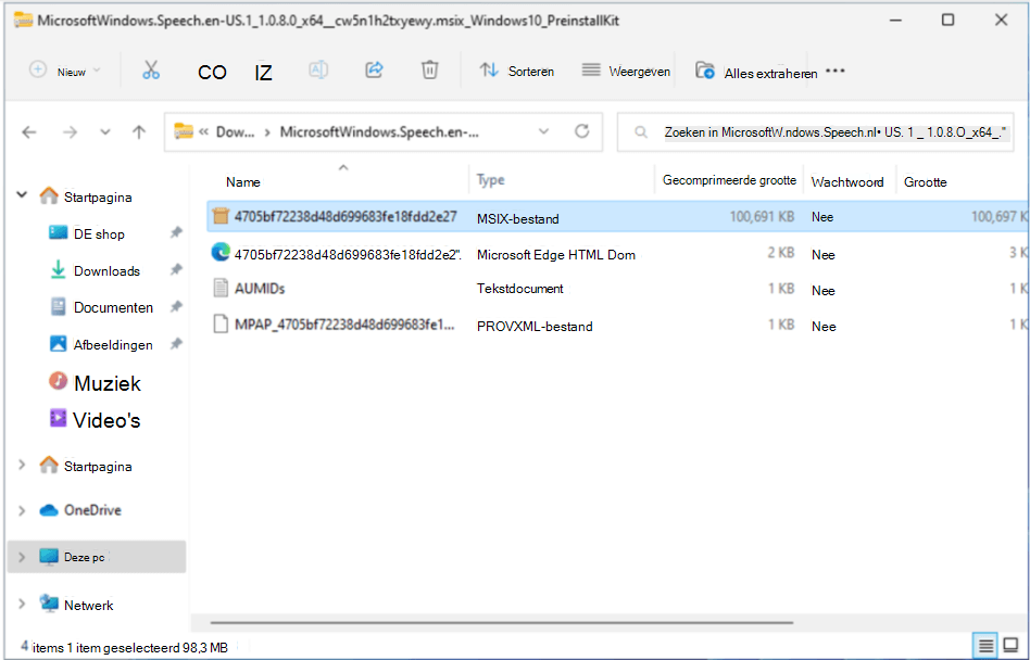 MSIX-bestand geselecteerd in de gecomprimeerde map
