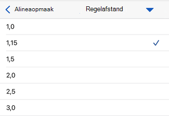 Opties voor regelafstand in Word voor iOS.