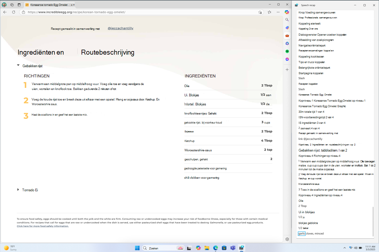 Het spraakhervattingsvenster van Verteller is vastgemaakt in de rechterhoek van het scherm met realtime transcriptie van de spraak van Verteller.