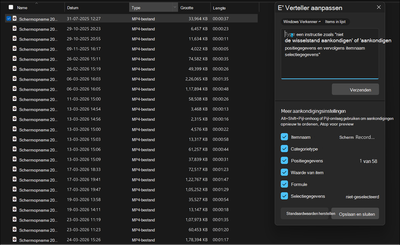 Gebruikersinterface met het deelvenster Verteller-aanpassing in Windows 11.