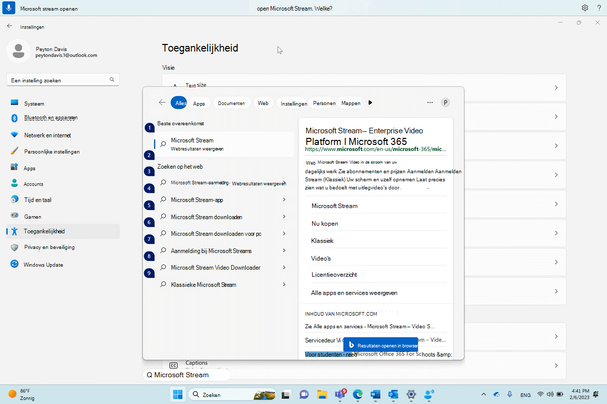 Dialoogvenster voor het openen van Microsoft Stream met Windows-spraaktoegang.
