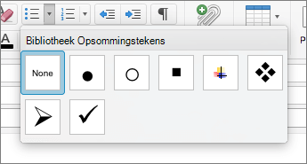 Beschikbare opties voor opsommingstekens in de bibliotheek opsommingstekens in Outlook voor Mac.