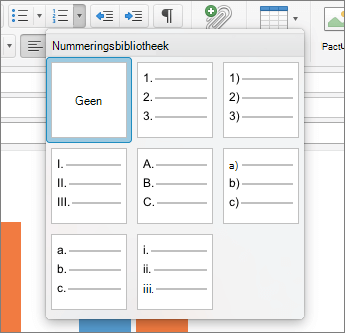 Beschikbare opties voor nummeringsstijlen in de nummeringsbibliotheek in Outlook voor Mac.