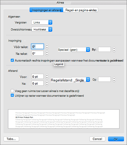 Het dialoogvenster Alinea in Outlook voor Mac.