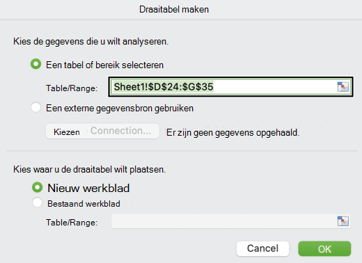 Het dialoogvenster Een draaitabel maken in Mac.