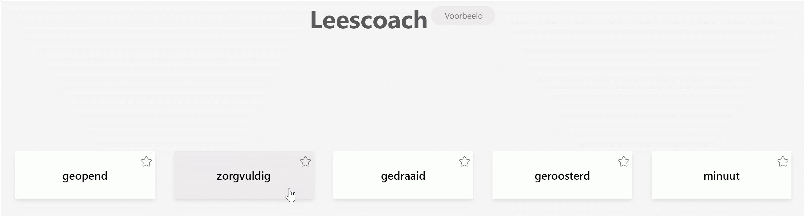 schermopname van de weergave van de student van de leescoach met de 5 woorden waarmee een leerling het meest werd uitgedaagd, waarbij de cursor zorgvuldig over het woord beweegt