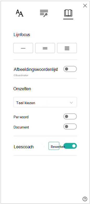 Schermopname van het deelvenster Leesvoorkeuren van insluitende lezer, met opties voor regelfocus, afbeeldingswoordenlijst, vertaling en Leescoach.