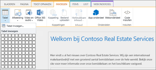 Schermopname van het lint van SharePoint Online. Selecteer het tabblad Invoegen en selecteer vervolgens Tabel invoegen om het aantal rijen en kolommen voor een nieuwe tabel op te geven.