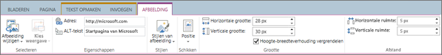 Schermafbeelding van een sectie van het SharePoint Online-lint waarop het tabblad Afbeelding is geselecteerd en de selecties die beschikbaar zijn in de groepen Selecteren, Eigenschappen, Stijlen, Schikken, Grootte en Afstand.