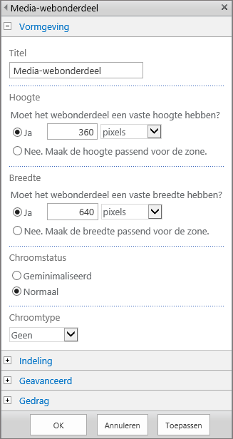 Schermafbeelding van het dialoogvenster Media-webonderdeel in SharePoint Online om de instellingen voor Vormgeving, Indeling, Geavanceerd, en Werking voor mediabestanden op te geven. De opties voor Vormgeving worden weergegeven, waaronder titel, hoogte, breedte, chroomstatus en type.