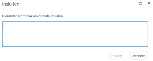 Schermopname van het dialoogvenster Insluiten in SharePoint Online om script- of insluitcode voor video- of audiobestanden te plakken en vervolgens de code in te voegen.