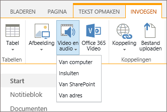 Schermafbeelding van het lint van SharePoint Online. Selecteer het tabblad Invoegen en vervolgens Video en audio om op te geven of u een bestand wilt toevoegen vanaf uw computer, een SharePoint-locatie, een webadres of via een ingesloten code.