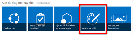 De nieuwe site in SharePoint online, met tegels waarop u kunt klikken om de site verder aan te passen