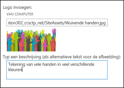 Het SharePoint Online-dialoogvenster voor de nieuwe titel en het logo van de site, waarin wordt weergegeven hoe u alt-tekst voor de logoafbeelding maakt