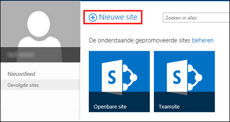 Pagina Sites in SharePoint Online, met de knop Nieuwe site