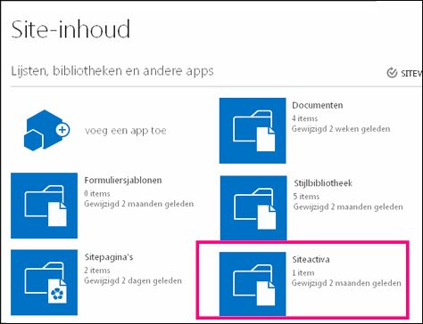 Pagina Inhoud van site op eenvoudige site in SharePoint Online, met tegel Siteactiva gemarkeerd