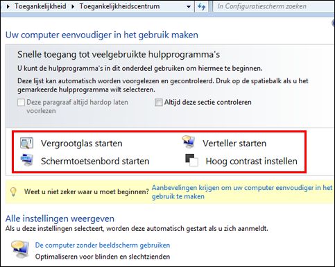 Dialoogvenster Windows Toegankelijkheidscentrum, waarin u ondersteunende technologieën kunt kiezen