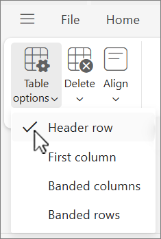 Het menu Tabelopties met de optie Veldnamenrij geselecteerd in webversie van Outlook.