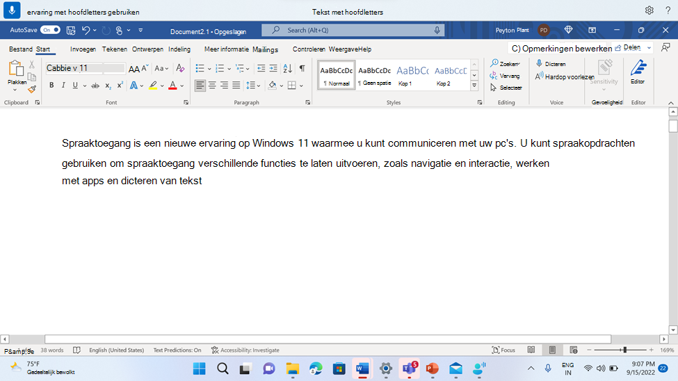 Word document met de spraaktoegangsopdracht Hoofdlettergebruik.