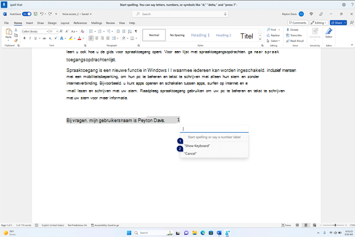 Het spellingvenster zweeft boven op de Word-toepassing, met een leeg tekstvak en opties om het toetsenbord weer te geven of te annuleren met nummerlabels.