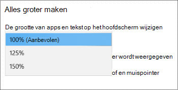 De pagina Windows-weergave-instellingen onder Toegankelijkheidsinstellingen met De optie Alles groter maken met de vervolgkeuzelijst uitgevouwen.