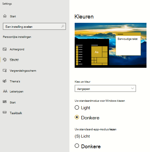 De standaardopties voor kleurmodi voor Windows en apps.