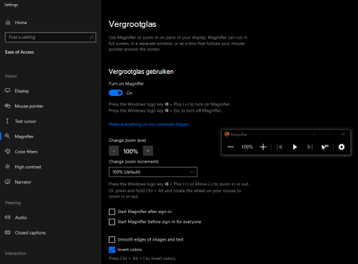 Schermkleuren zijn omgedraaid met Vergrootglas ingeschakeld in Windows.