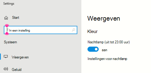De optie Windows Nachtlamp geselecteerd in de beeldscherminstellingen.
